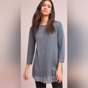 Gray Sweater Top with Checkered Hem